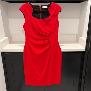 Calvin Klein Red Cap Sleeve Side Ruched Sheath Dress. Size 10